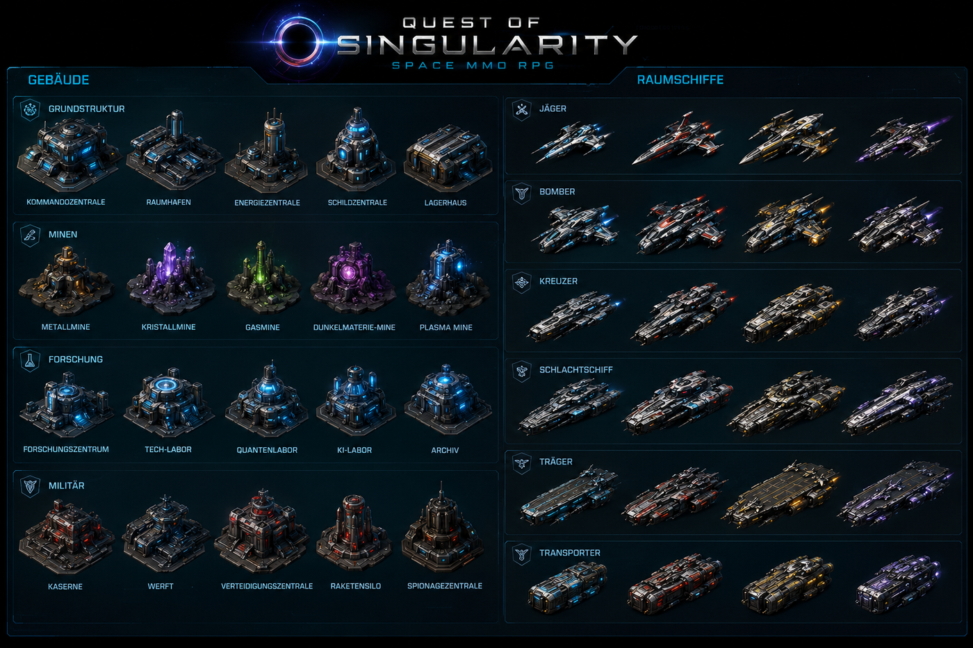 Quest of Singularity Geb&auml;ude und Raumschiffe